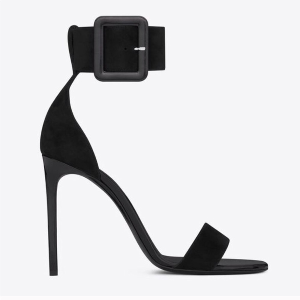 YSL Jane suede oversized buckle heels